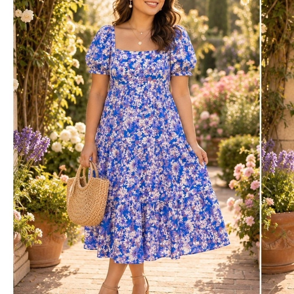 NWT Floral Puff Sleeve Flowy silhouette Midi Colorful Dress Women M ASTR‎